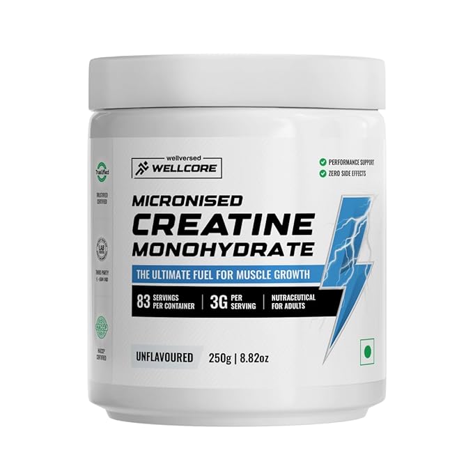 Wellcore – Pure Micronised Creatine Monohydrate(Unflavoured, 83 Sevings) | Rapid Absorption | Enhanced Muscle strength & Power